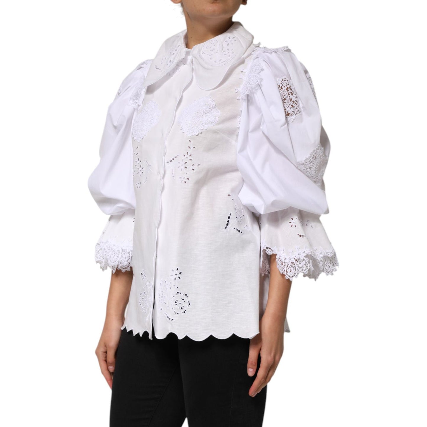 Dolce & Gabbana White Ruffled Lace Embellished Blouse Top