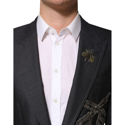 Dolce & Gabbana Dark Gray Bee Embroidery Wool Coat Blazer