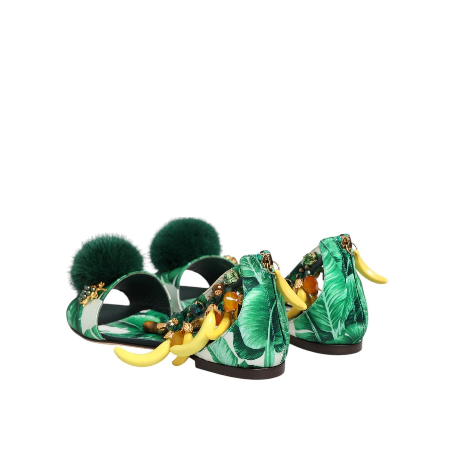 Dolce & Gabbana Green Mink Fur Satin Banana Leaf Sandals Shoes