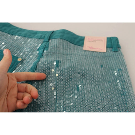 Blumarine Cadet Blue Sequined Low Waist Cropped Trouser Pants