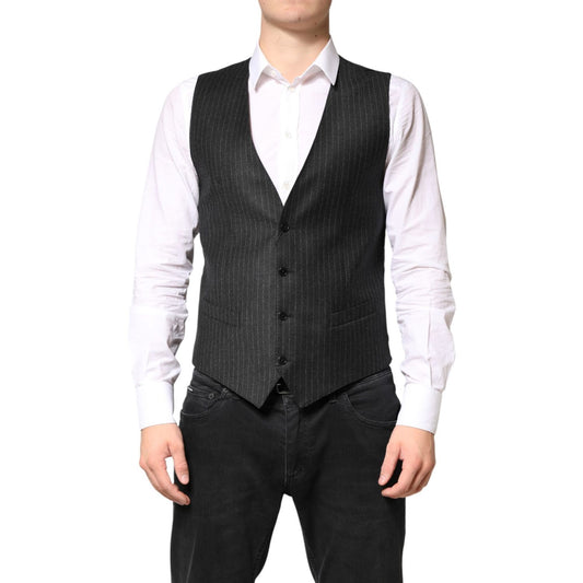 Dolce & Gabbana Black Stripes Wool Dress Men Waistcoat Vest 1728,67345645728,Black,Clothing,Dolce & Gabbana,IT48 | M,Material: 100% Virgin Wool,Men,New with tags,Suits & Blazers - Clothing,Waistcoats - Suits & Blazers - Clothing