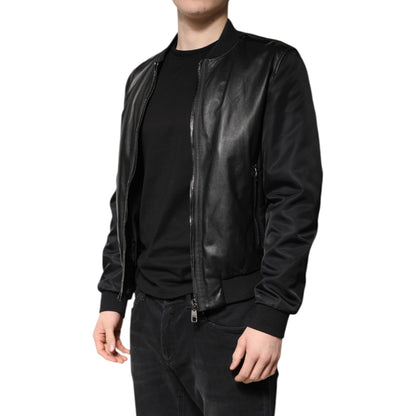 Dolce & Gabbana Black Lambskin Leather Biker Full Zip Jacket