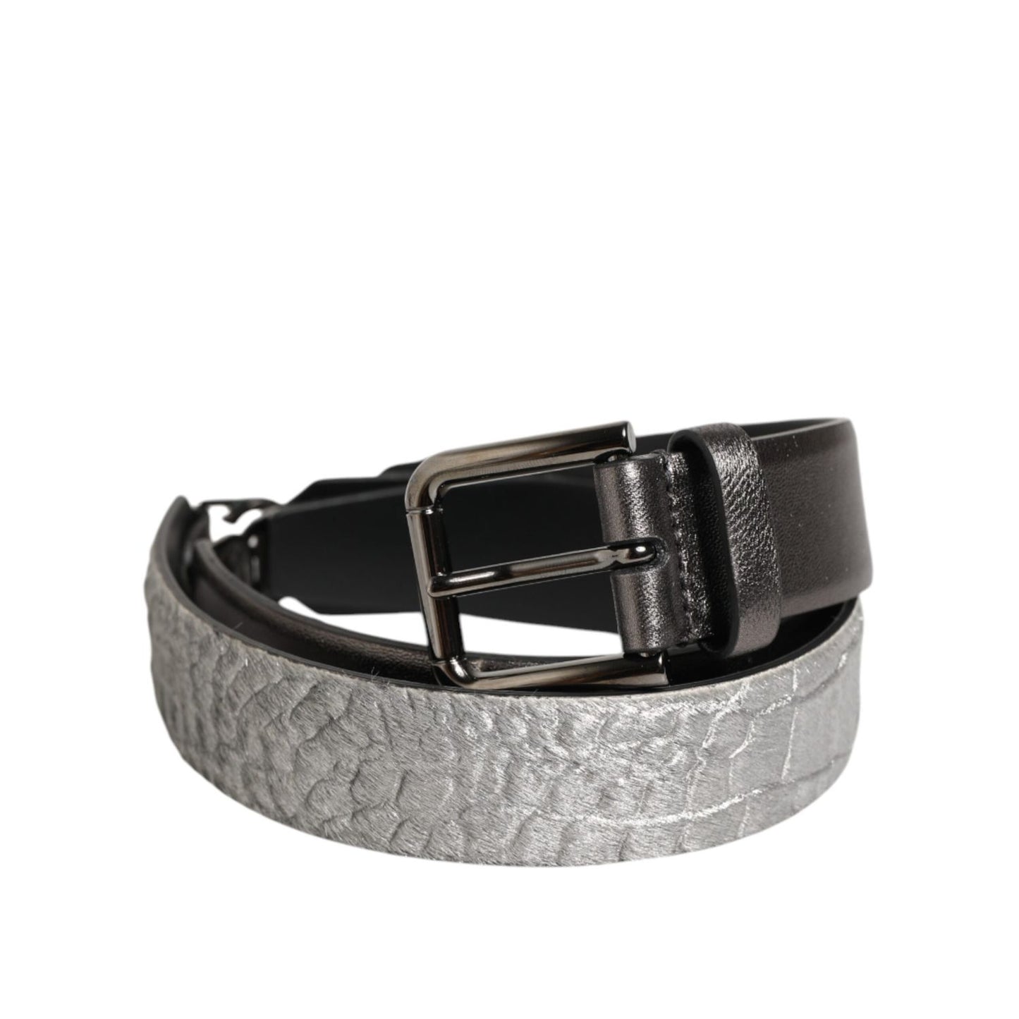 Dolce & Gabbana Black Silver Pebbled Texture Leather Buckle Men Belt