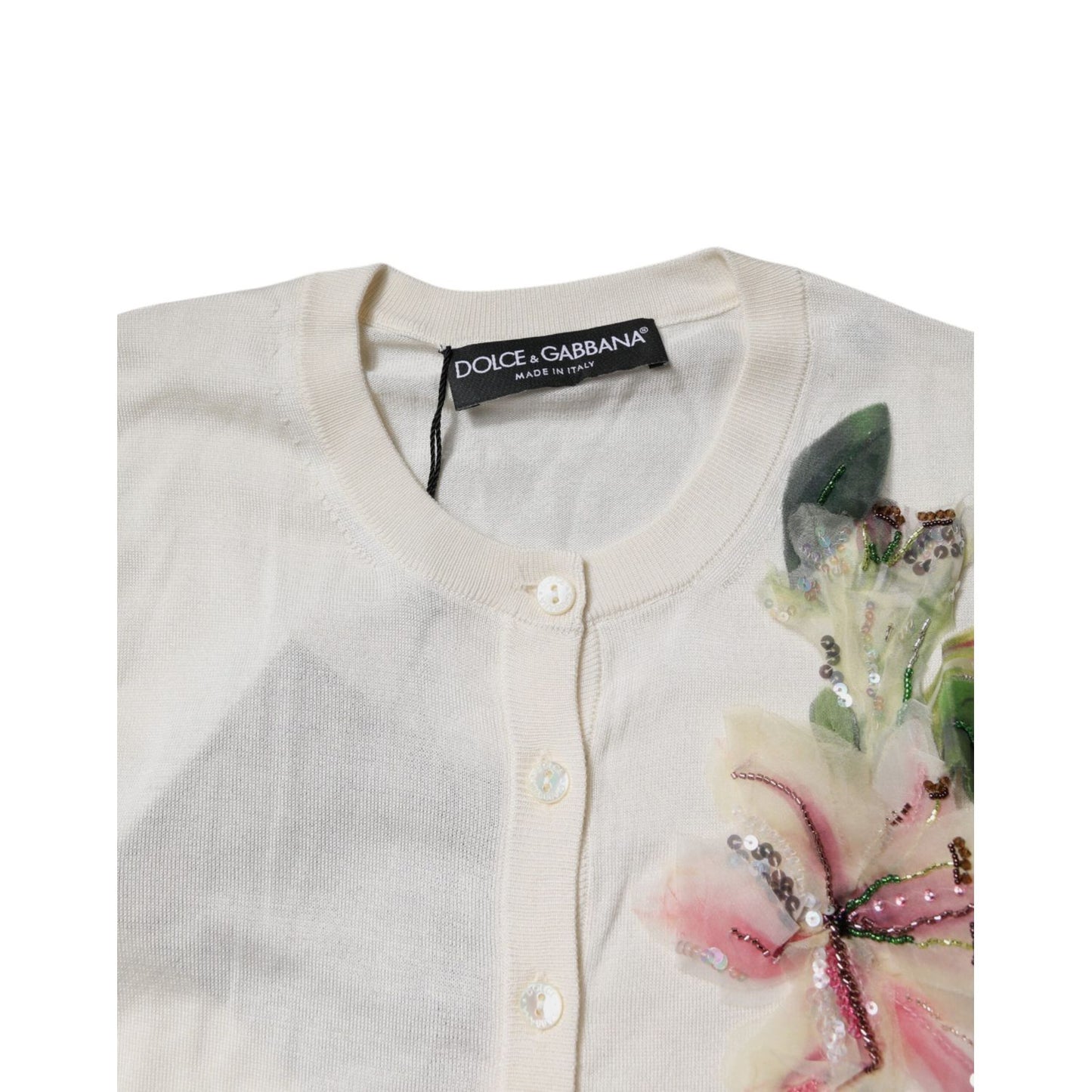Dolce & Gabbana Cream Floral Silk Embellished Cardigan Sweater