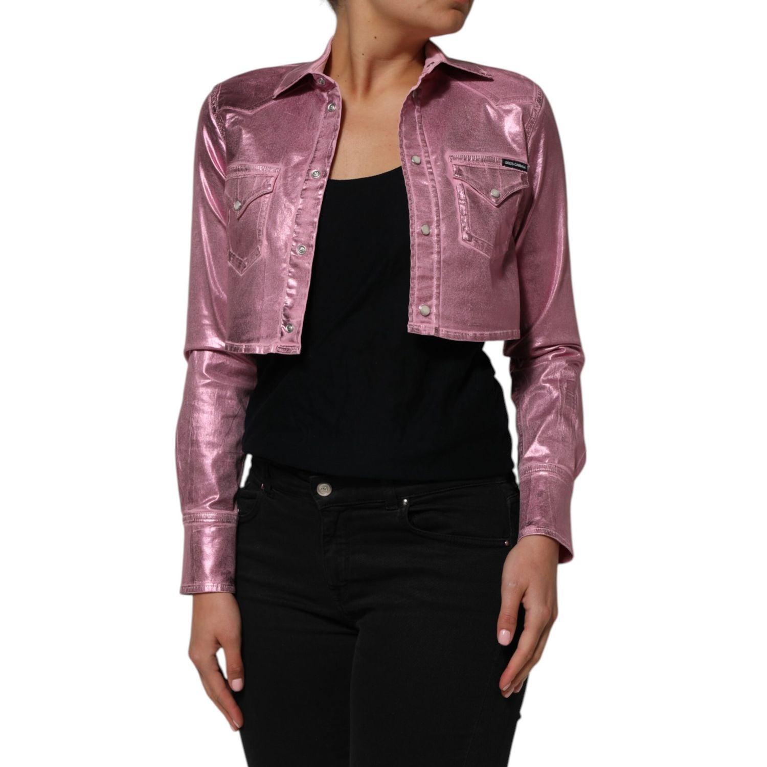 Dolce & Gabbana Pink Cotton Stretch Collared Cropped Jacket