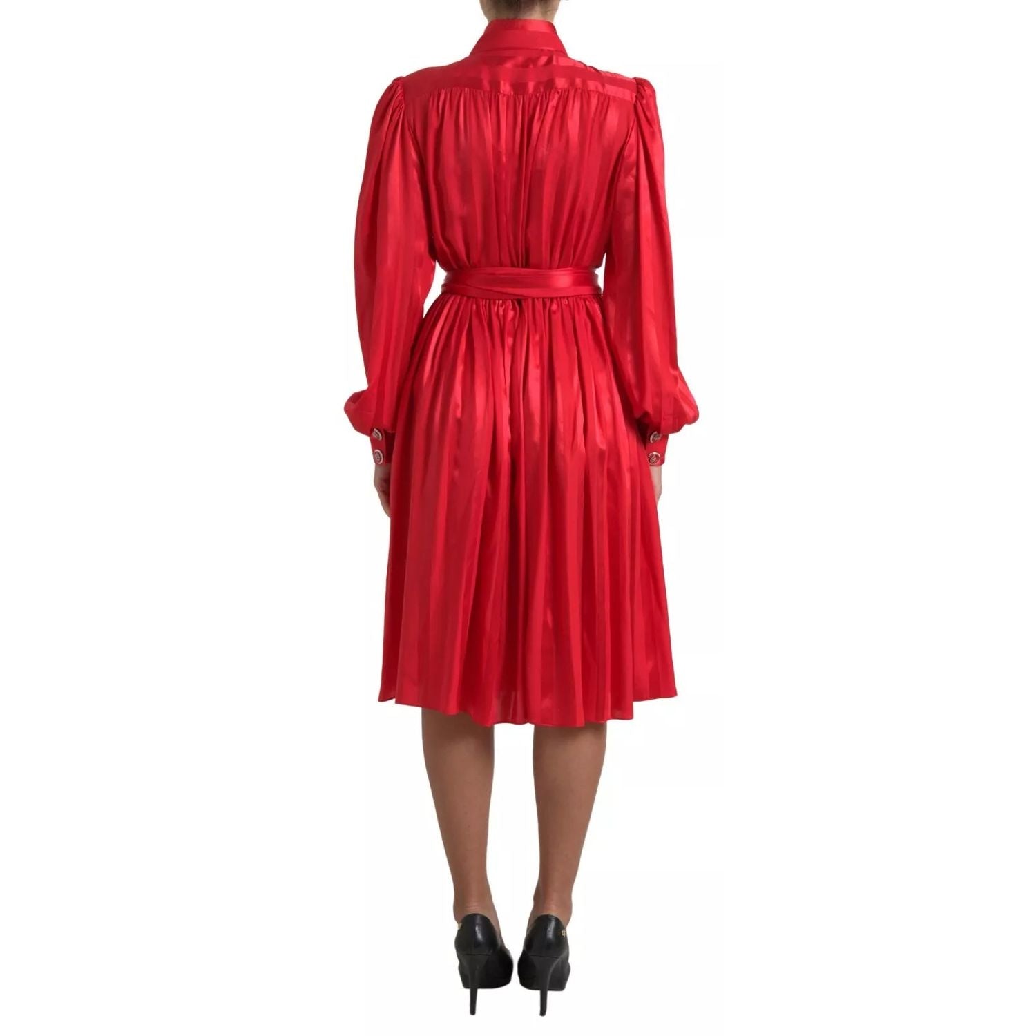 Dolce & Gabbana Red Button Down Belted Midi Satin Silk Dress