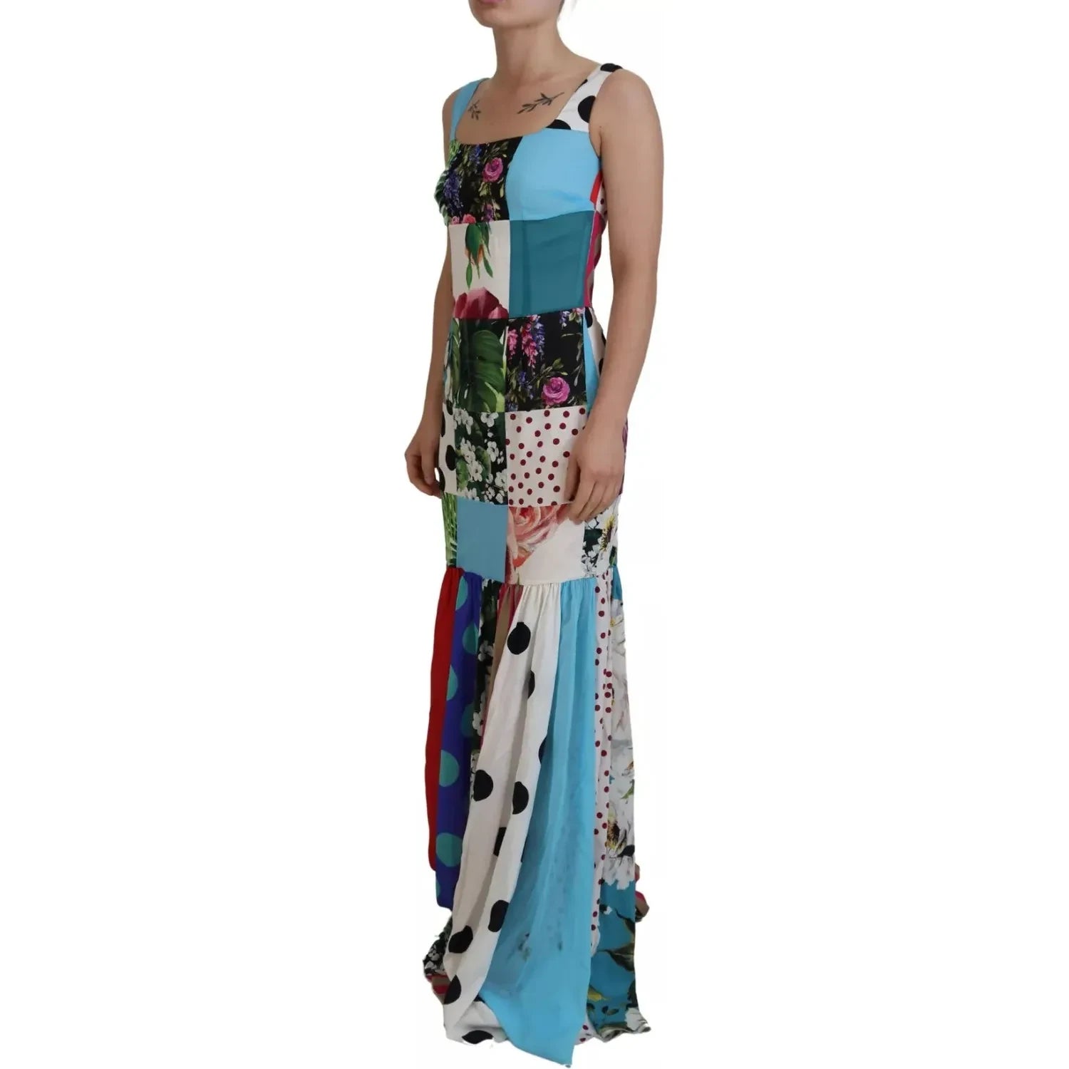 Dolce & Gabbana Silk Multicolor Patchwork Sheath Maxi Dress