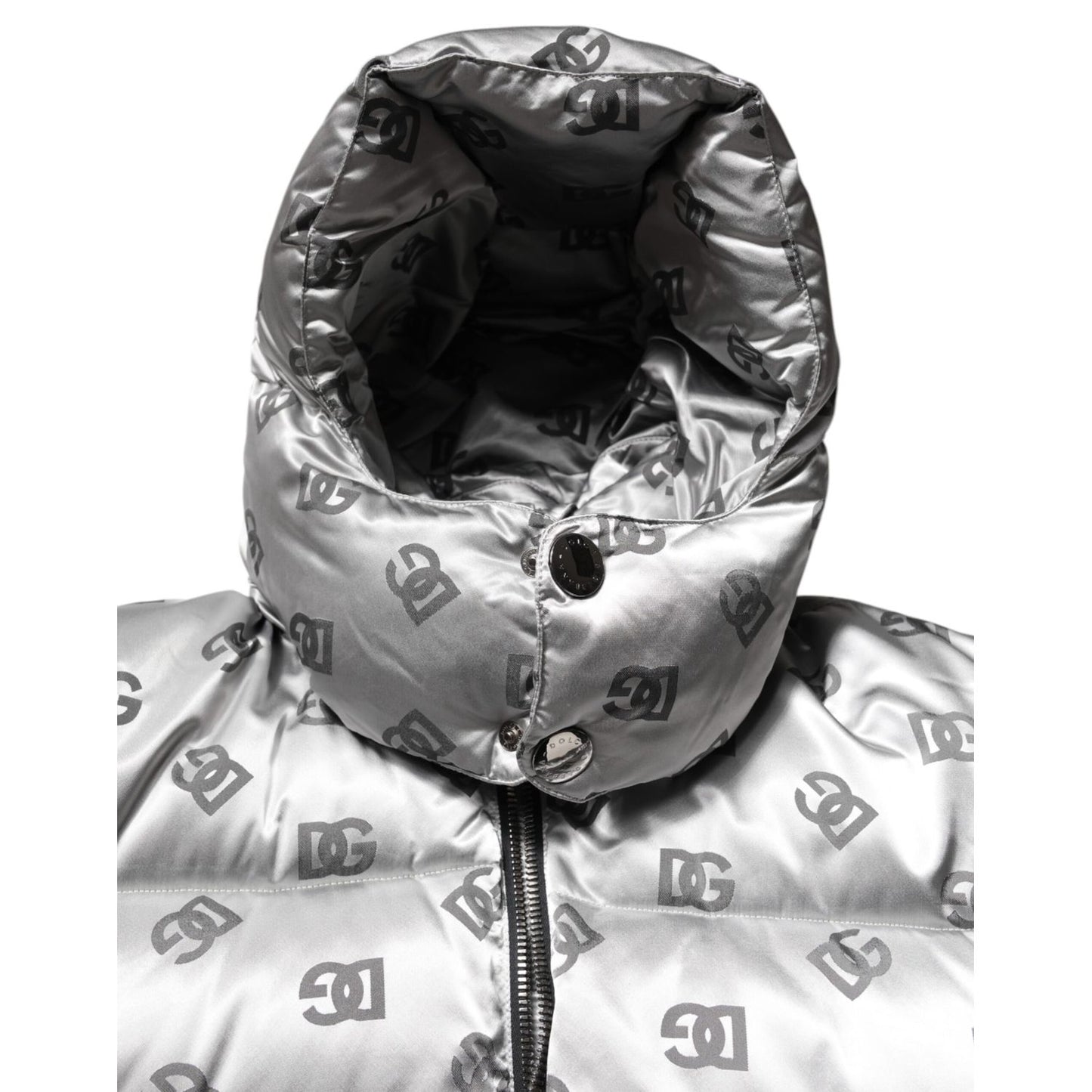 Dolce & Gabbana Silver Logo Full Zip Hooded Quilted Jacket