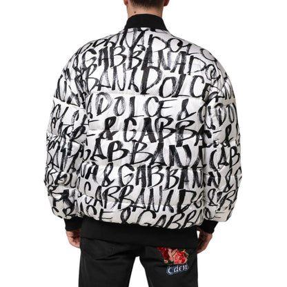 Dolce & Gabbana White Black Graffiti Logo Puffer Bomber Jacket