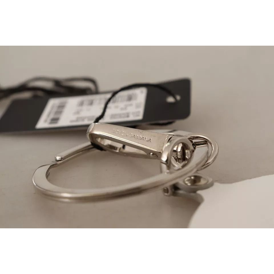 Dolce & Gabbana White Leather Printed Metal Silver Tone Keyring Keychain