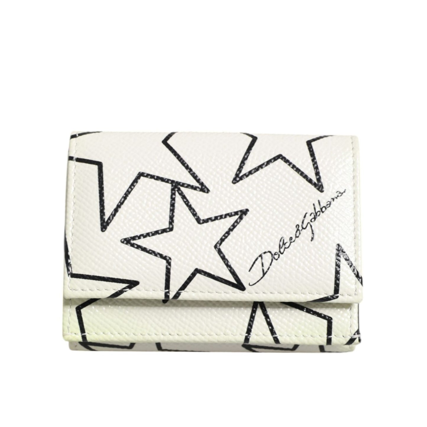 Dolce & Gabbana White Leather Trifold DG Star Print Card Holder Wallet