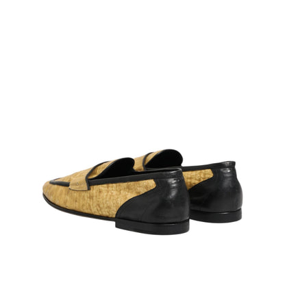 Dolce & Gabbana Yellow Black Leather Slip On Loafers Shoes