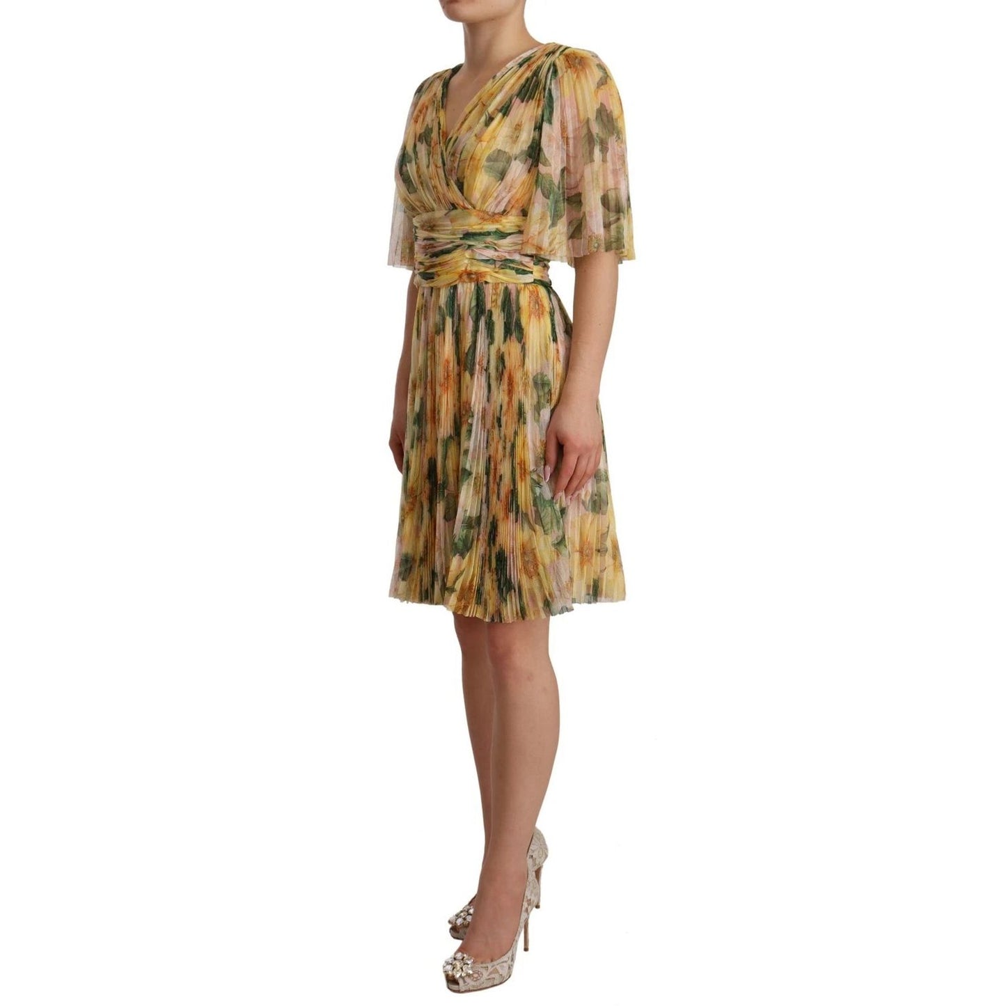 Dolce & Gabbana Yellow Floral Print Pleated Maxi Dress