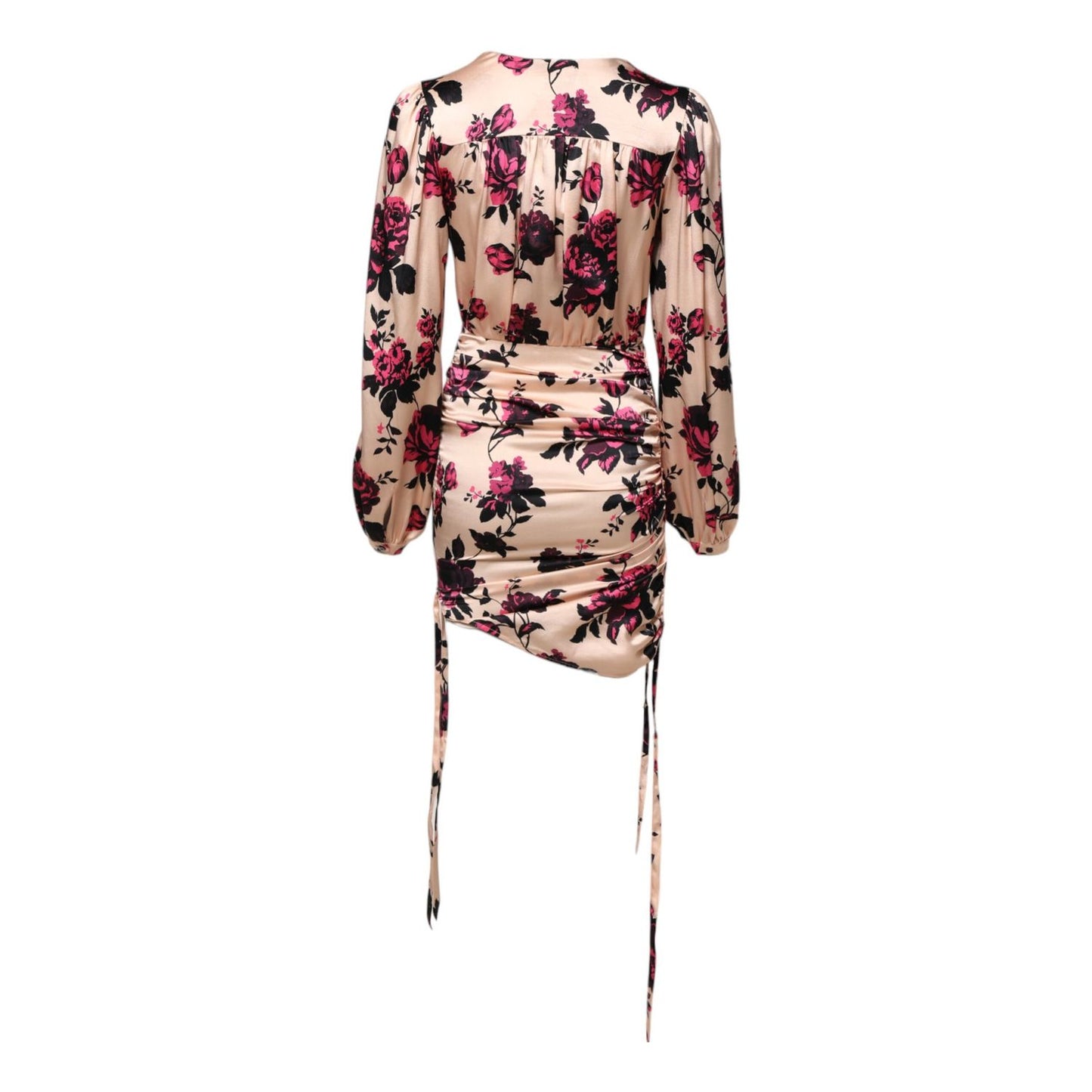 Laneus Pink Floral Silk Long Sleeves V-neck Ruched Mini Dress Laneus