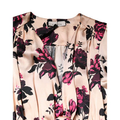 Laneus Pink Floral Silk Long Sleeves V-neck Ruched Mini Dress Laneus