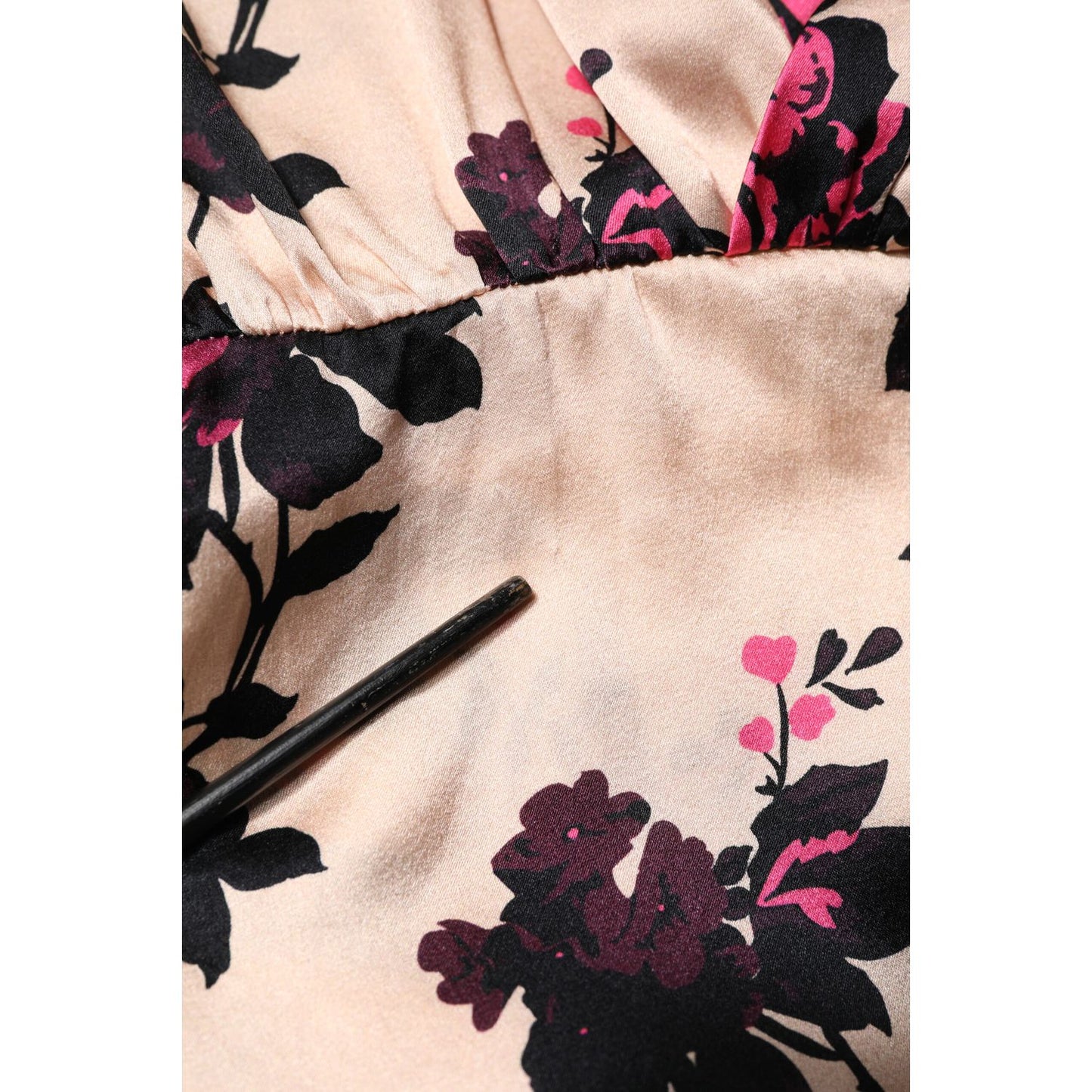 Laneus Pink Floral Silk Long Sleeves V-neck Ruched Mini Dress Laneus