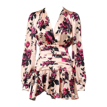 Laneus Pink Floral Silk Long Sleeves V-neck Wrap Mini Dress Laneus