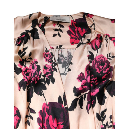 Laneus Pink Floral Silk Long Sleeves V-neck Wrap Mini Dress Laneus