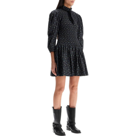 Ganni printed cotton smock mini dress Dresses Ganni Dark Slate Gray