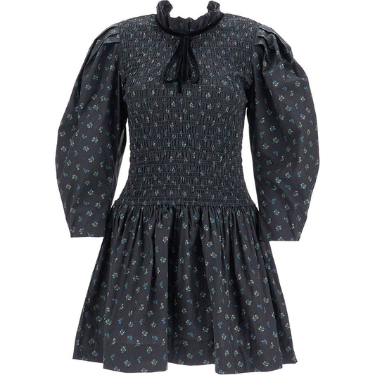 Ganni printed cotton smock mini dress Dresses Ganni Dark Slate Gray