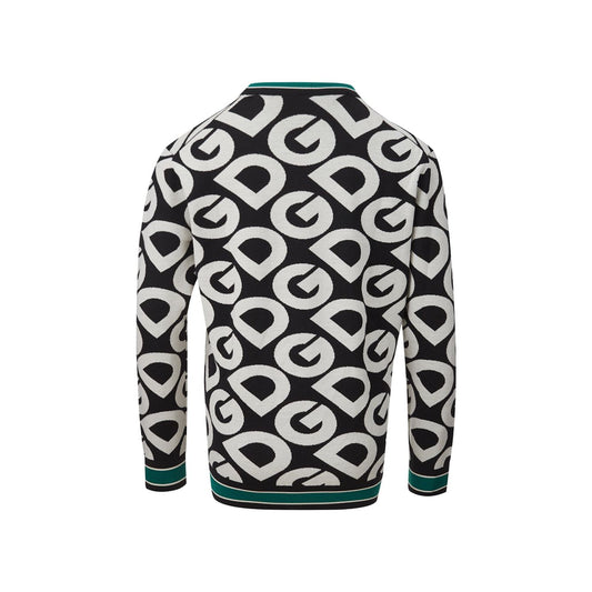 Dolce & Gabbana | Black Wool Sweater with White Logo Allover | McRichard Designer Brands