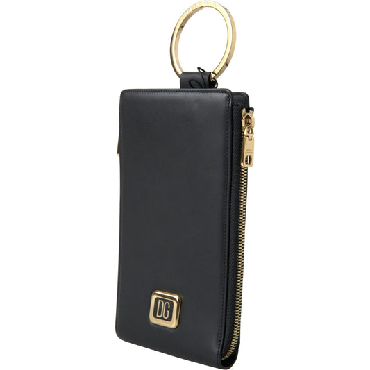 Dolce & Gabbana | Black Leather DG Logo Gold Zip Card Holder Men Wallet | McRichard Designer Brands