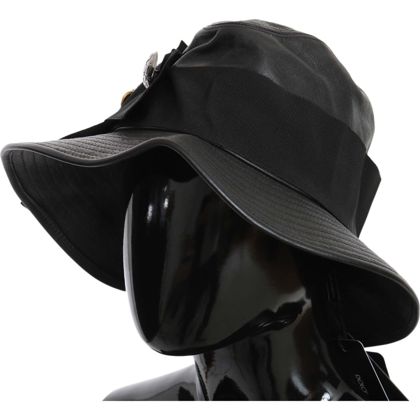 Hat Elegant Black Leather Cloche Cap Dolce & Gabbana