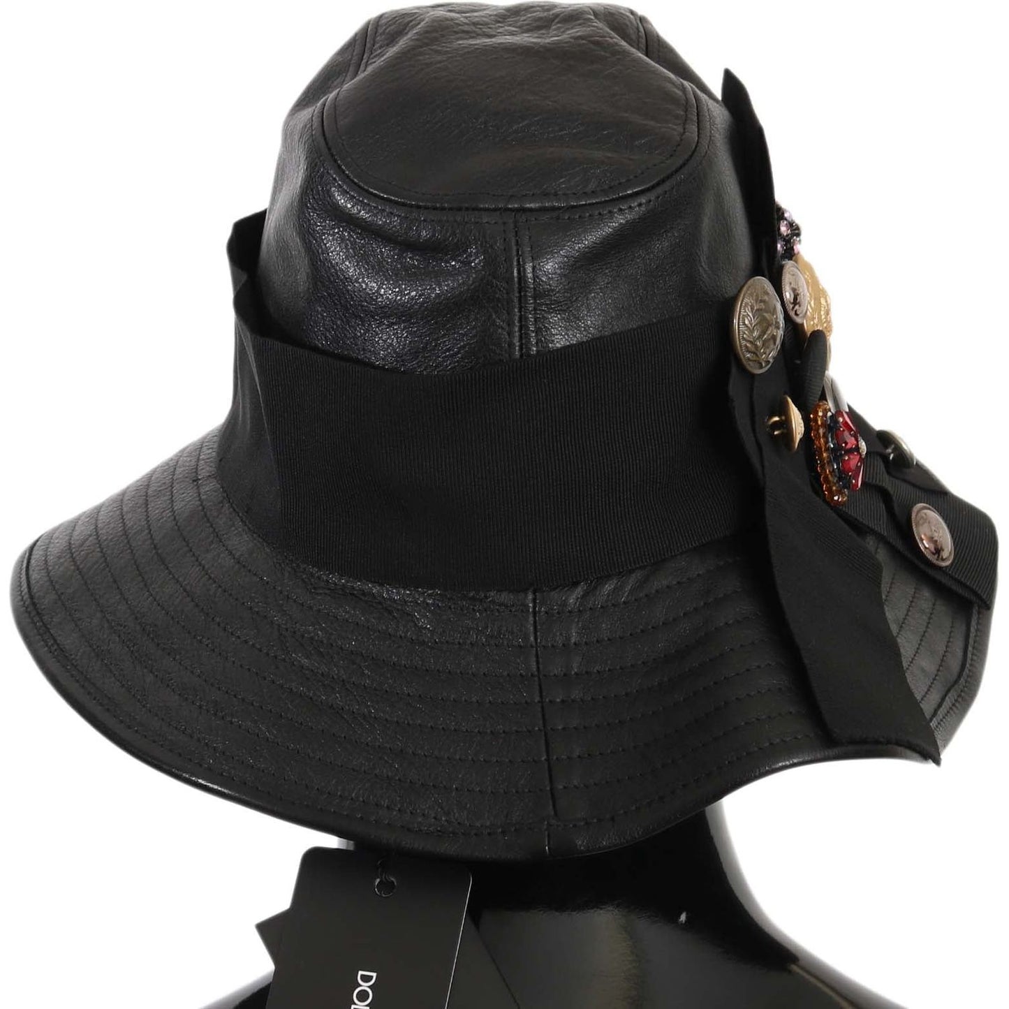 Hat Elegant Black Leather Cloche Cap Dolce & Gabbana