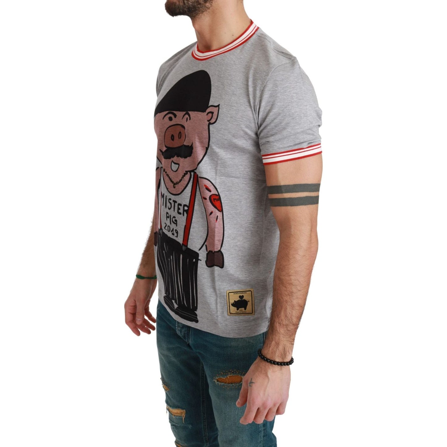 Chic Gray Cotton T-Shirt with Year of the Pig Motive Dolce & Gabbana